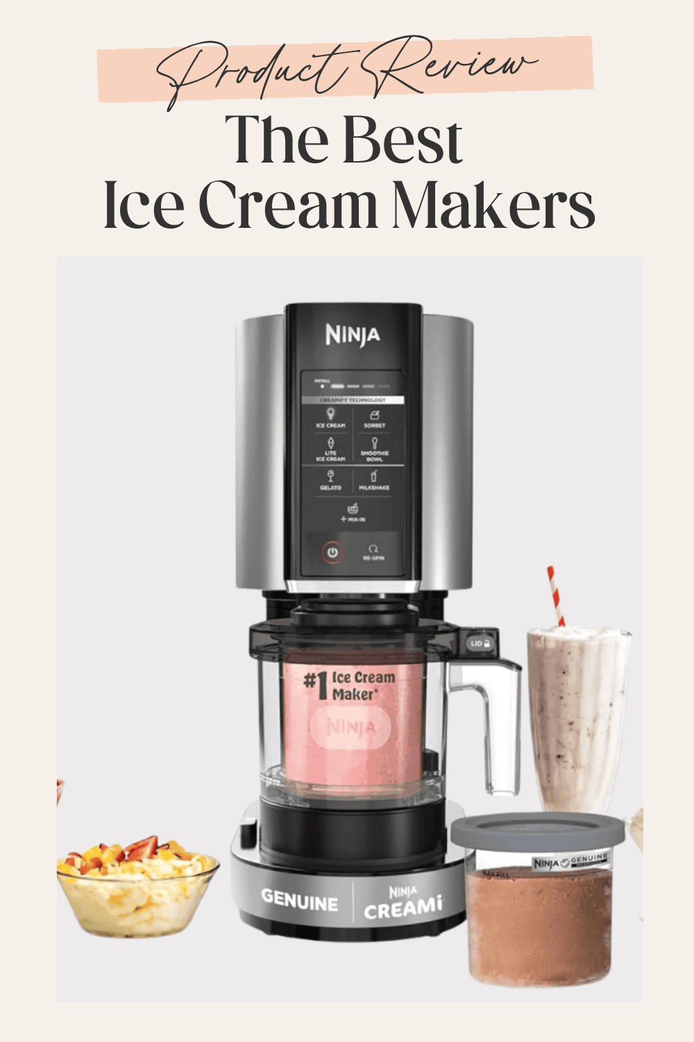 Ninja CREAMi ice cream maker with pint containers and finished frozen treats on a light background