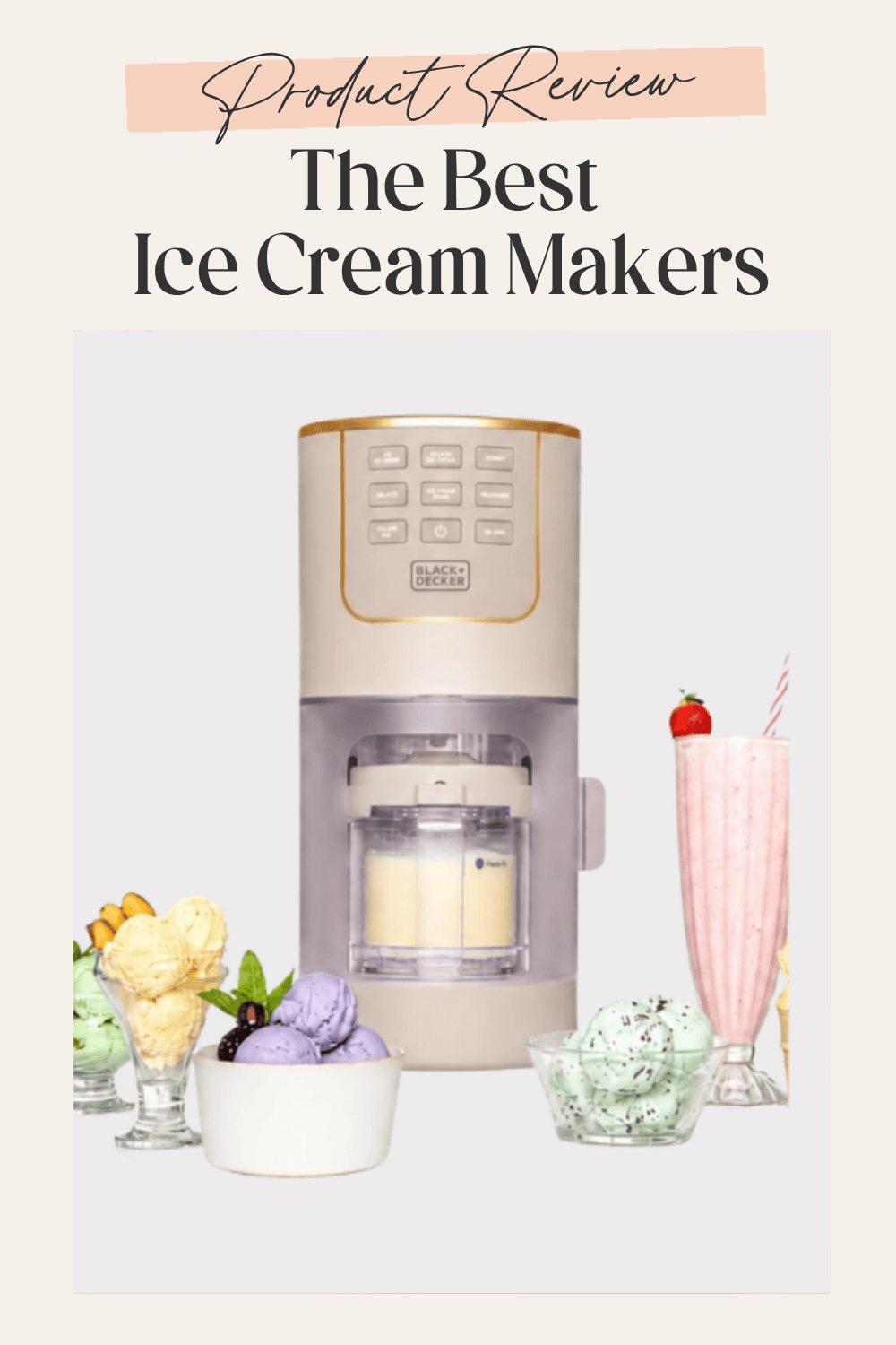 BLACK+DECKER ice cream maker in stone color surrounded by colorful scoops of ice cream and a milkshake
