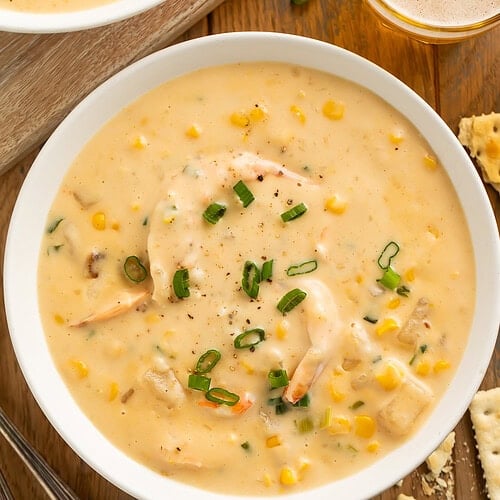 Overhead image of a bowl of creamy corn and shrimp chowder.