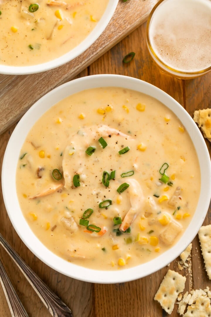 Overhead image of a bowl of creamy corn and shrimp chowder.