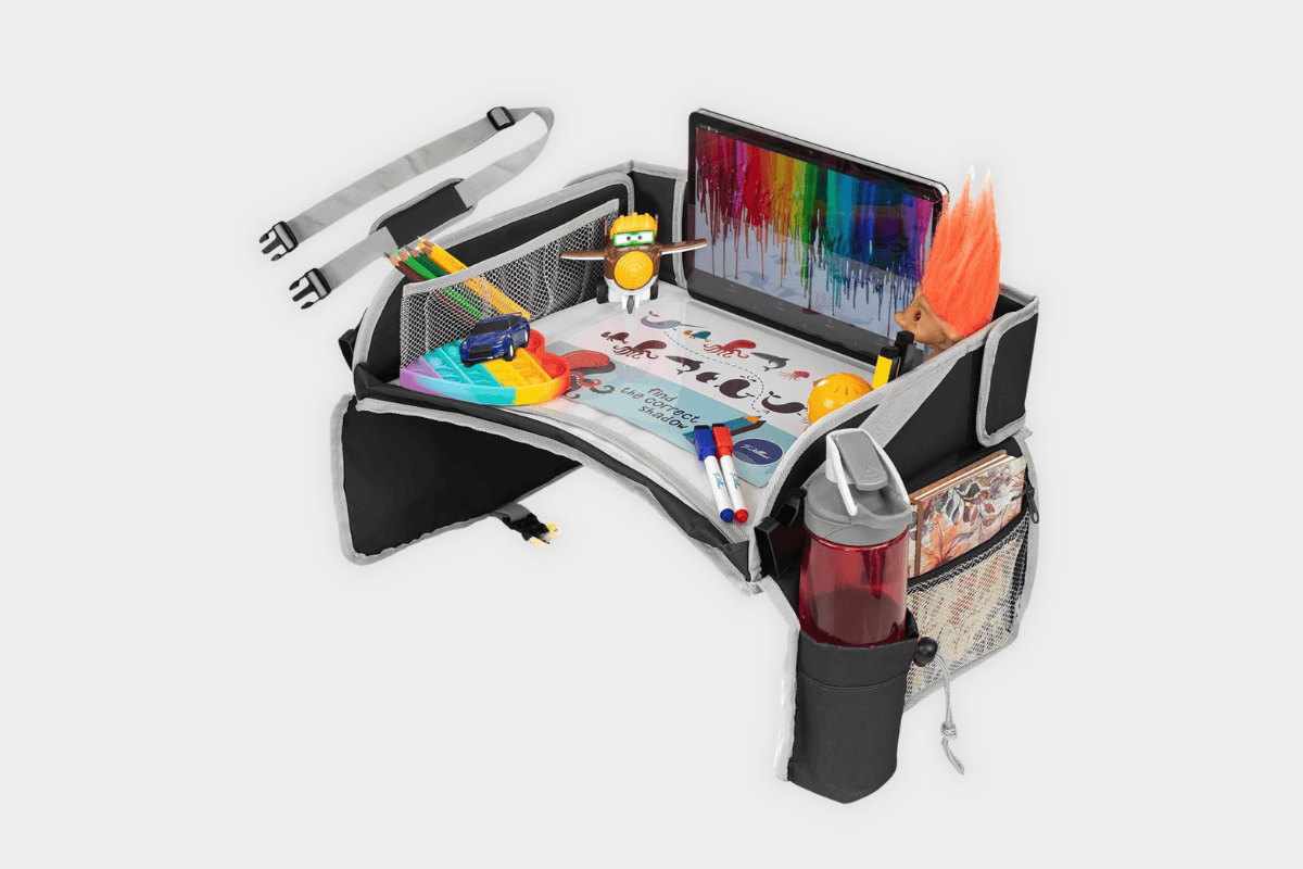 Black and gray kids travel lap tray with tablet holder, cup holder, and toy organizer pockets