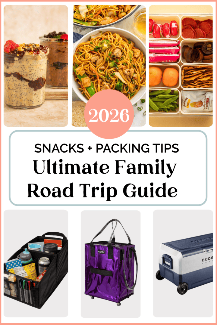 Family road trip guide graphic featuring snack ideas, meal prep inspiration, and travel gear