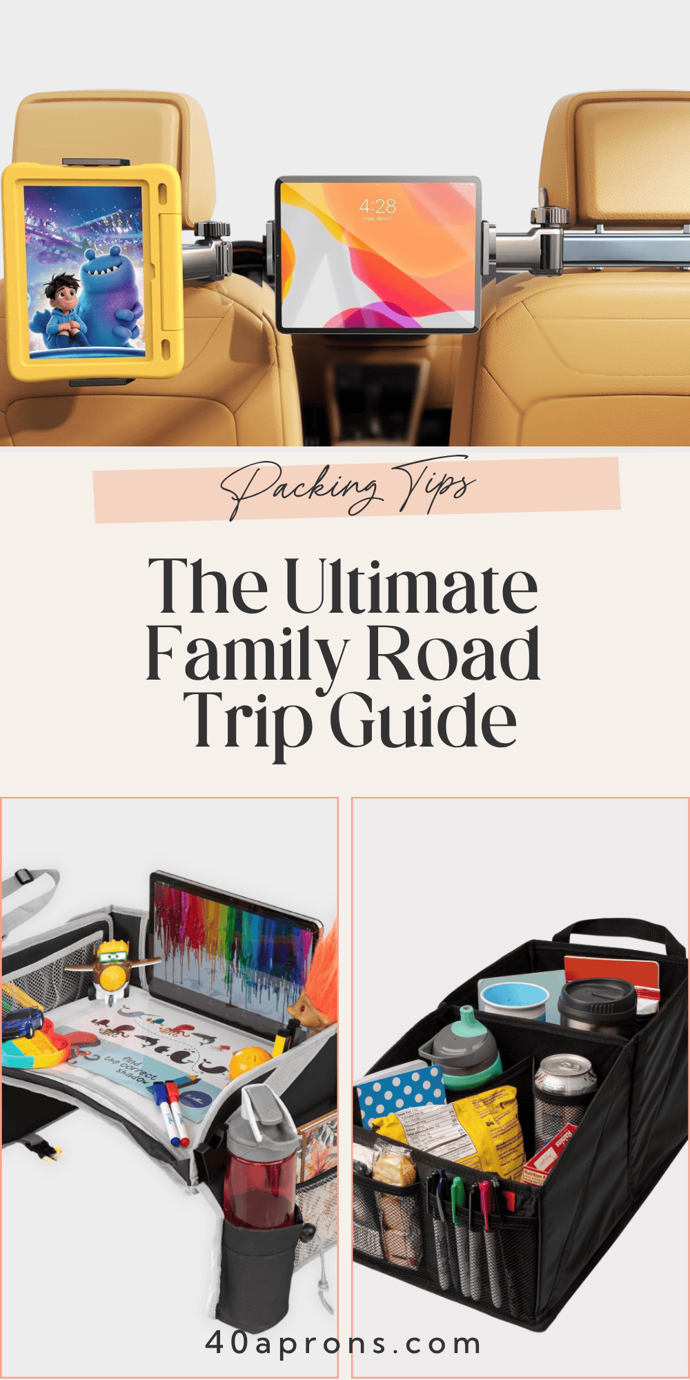 Dual headrest tablet mount and kids travel lap tray with trunk organizer for family road trip packing