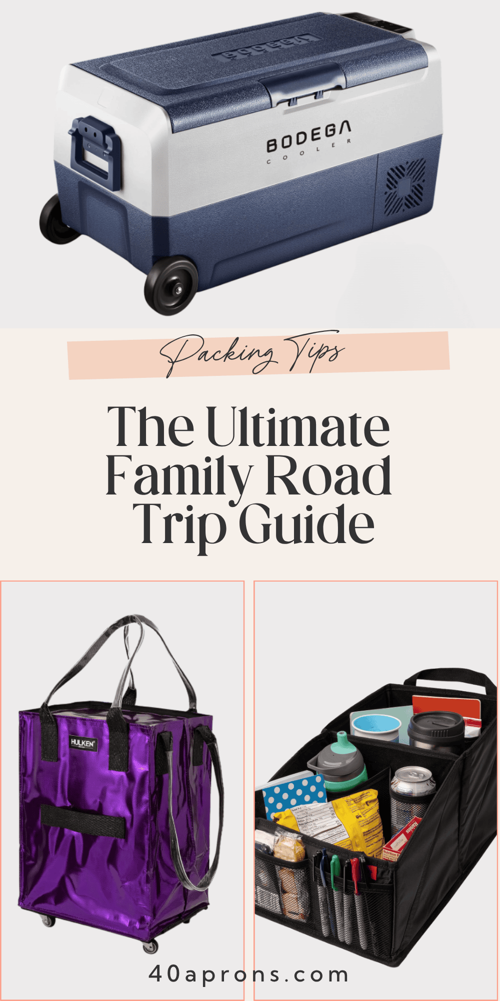 Bodega portable car fridge, purple Hulken rolling tote, and black trunk organizer for road trip packing