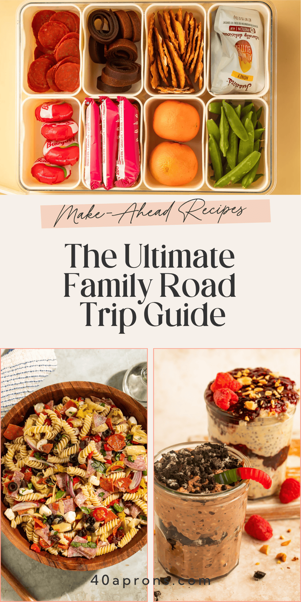Road trip snack bento box, Italian pasta salad, and overnight oats jars for make-ahead family travel meals