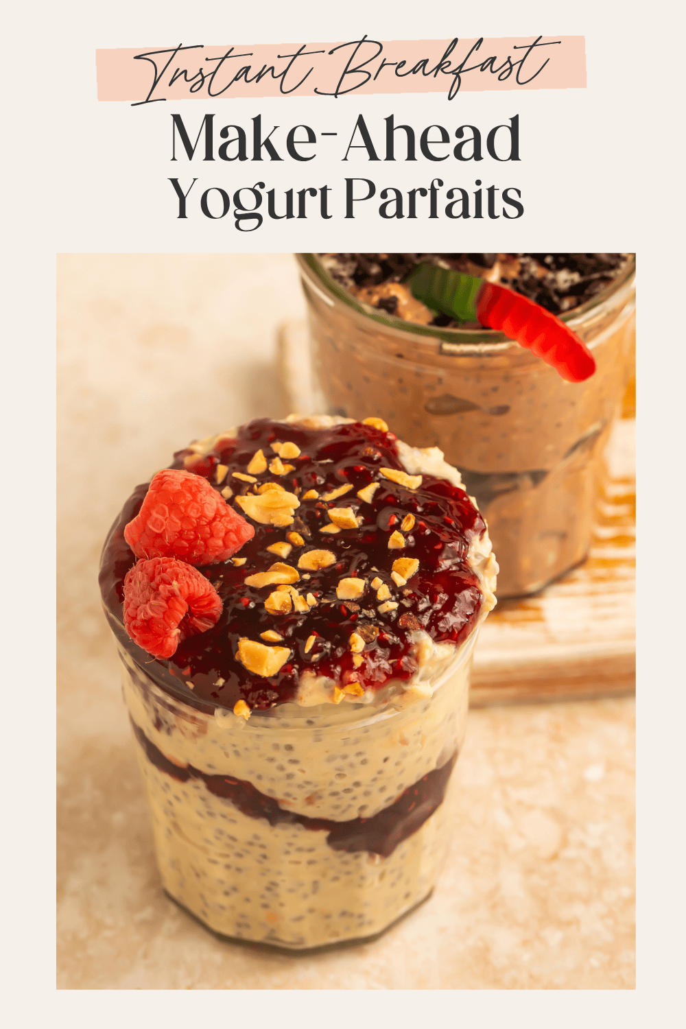 interest pin showing two make-ahead overnight oat jars, one with raspberry jam and one with crushed Oreos and a gummy worm