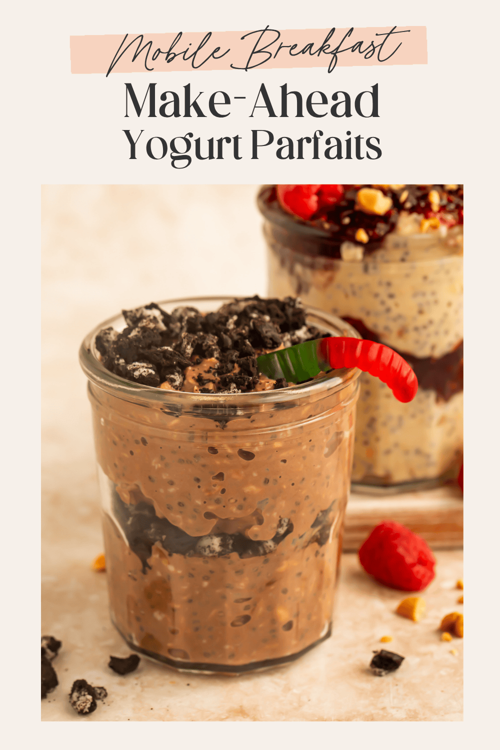 Pinterest pin showing a chocolate overnight oat jar topped with crushed Oreos and a gummy worm with a PB&J jar in the background
