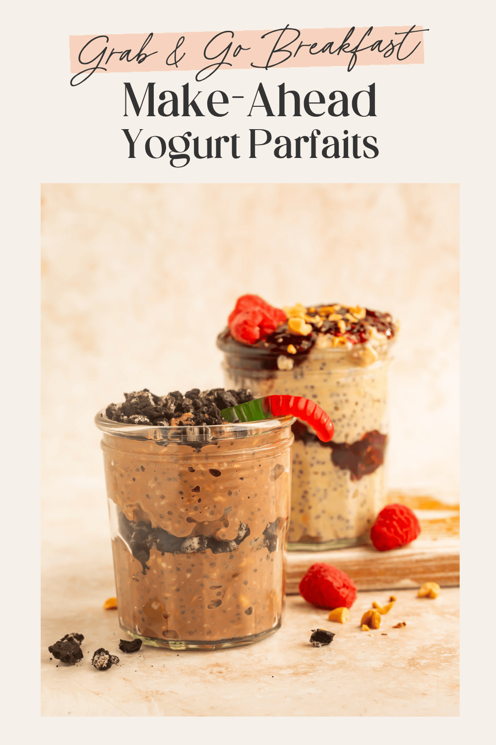 Pinterest pin showing two overnight oat jars side by side, chocolate Dirt Cup flavor in front and PB&J flavor with raspberries behind