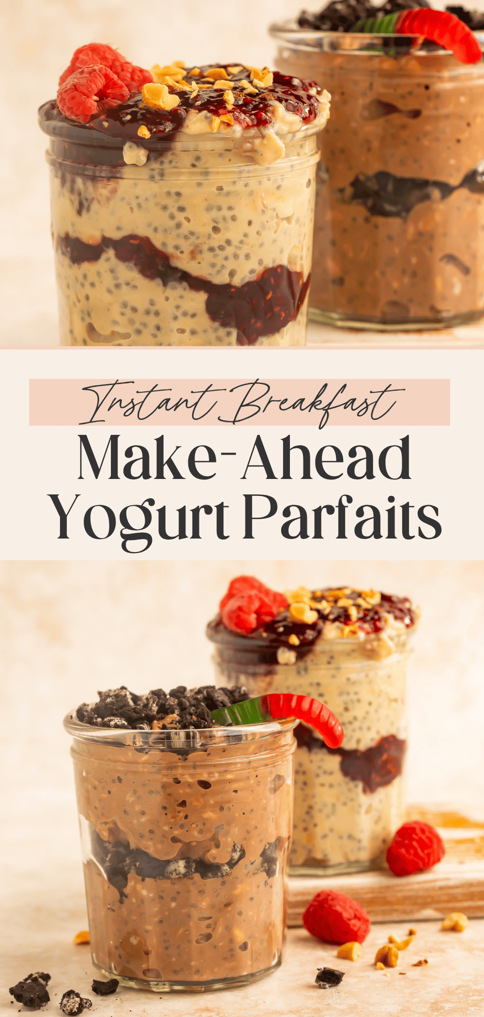 Pinterest pin collage showing PB&J overnight oats jar on top and Dirt Cup overnight oats with gummy worm on bottom
