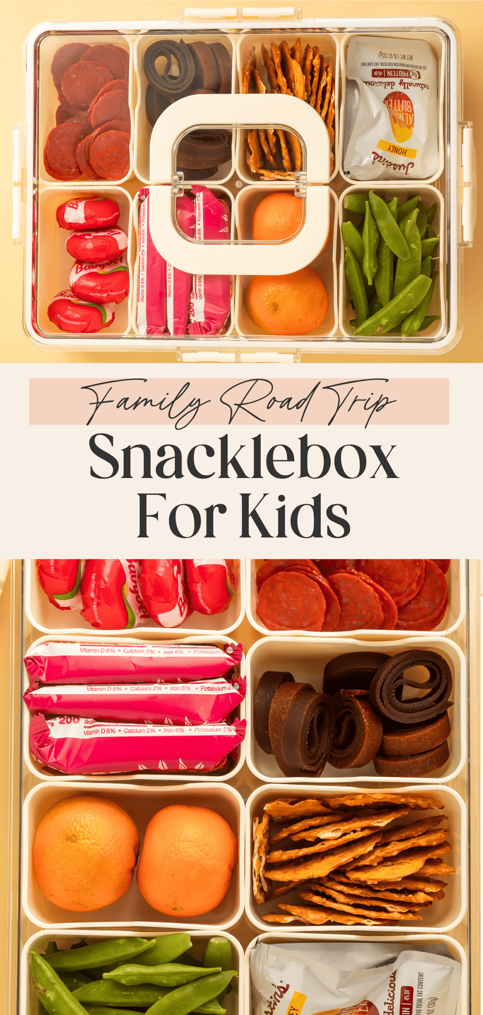Close ups of snackle boxes with the lid on and off. There is a banner separating the two images with a Pinterest-optimised text overlay.