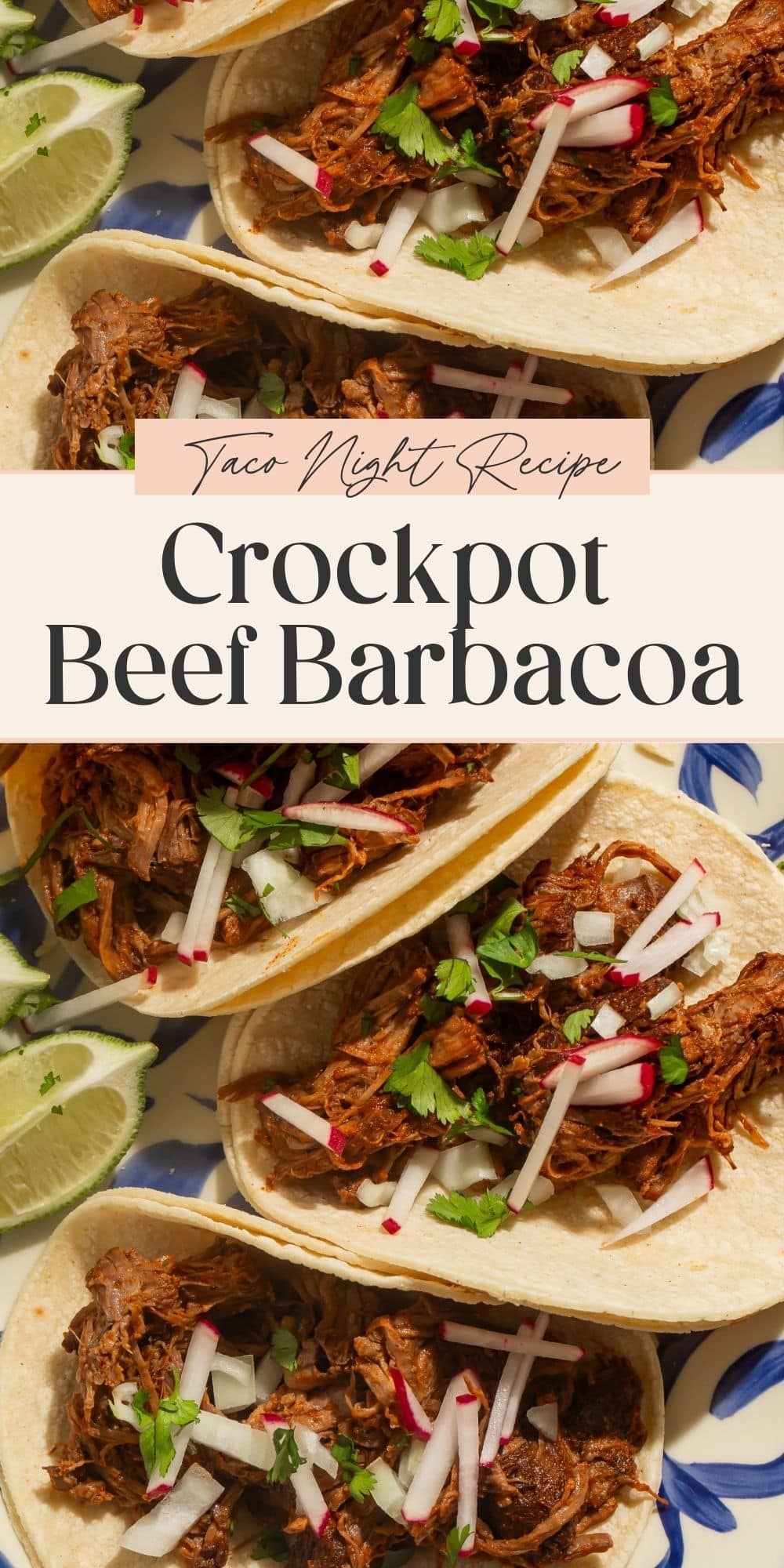 close ups of shredded beef, radish and cilantro tacos. A banner divides the two images with Pinterest-optimised text overlay.