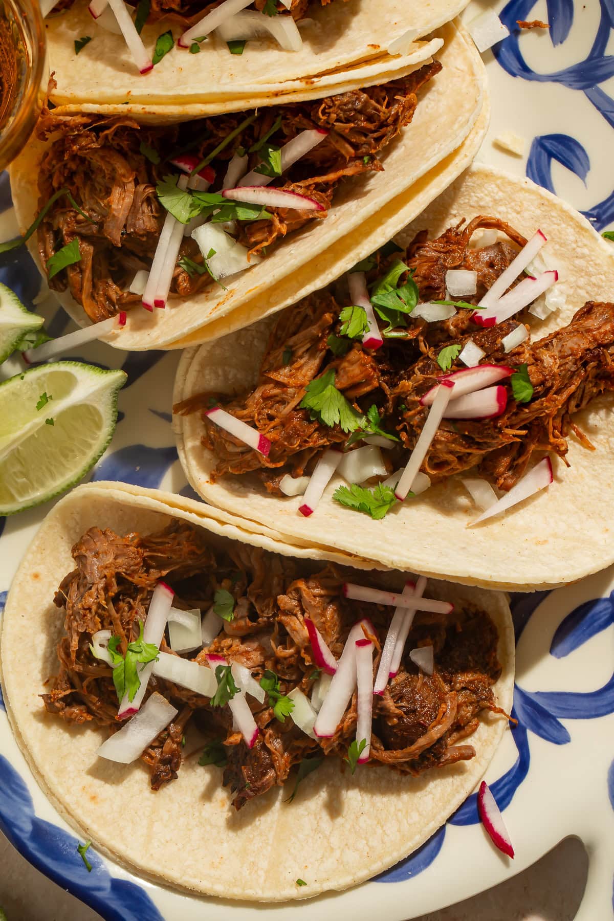Close up of beef barbacoa tacos topped with cilantro and chopped radish.