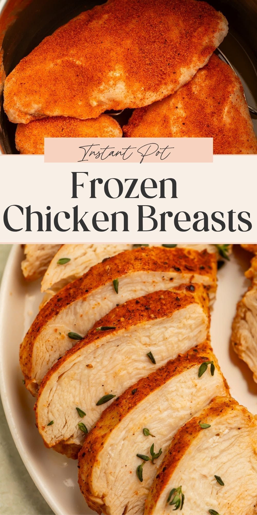 Close up of cooked and uncooked seasoned Instant Pot chicken breasts. There is a banner on the image with Pinterest-optimised text.