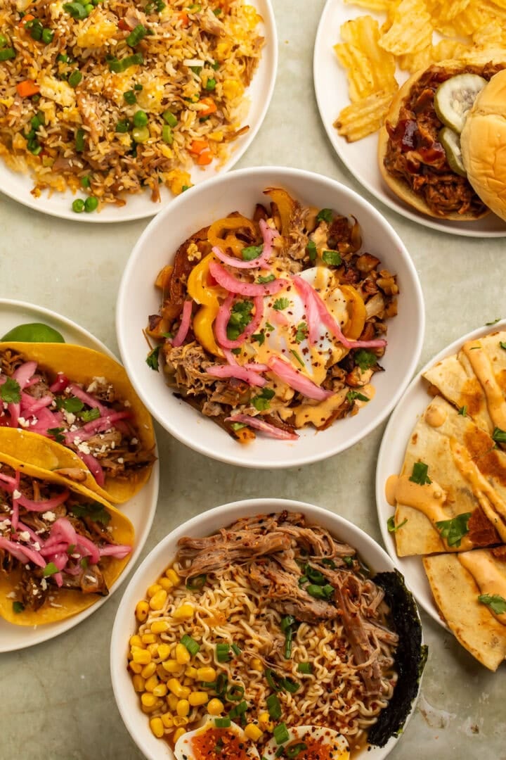 Sunday meal prep featuring chipotle braised pork transformed into tacos, ramen, fried rice, quesadillas, breakfast hash, and BBQ sandwiches.