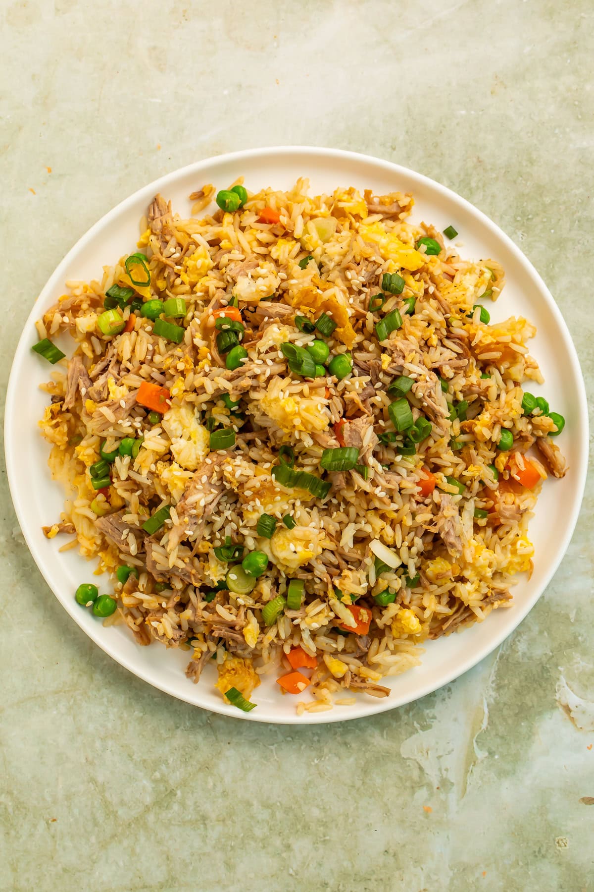 Chipotle pork fried rice with eggs, peas, carrots, scallions, and sesame seeds.