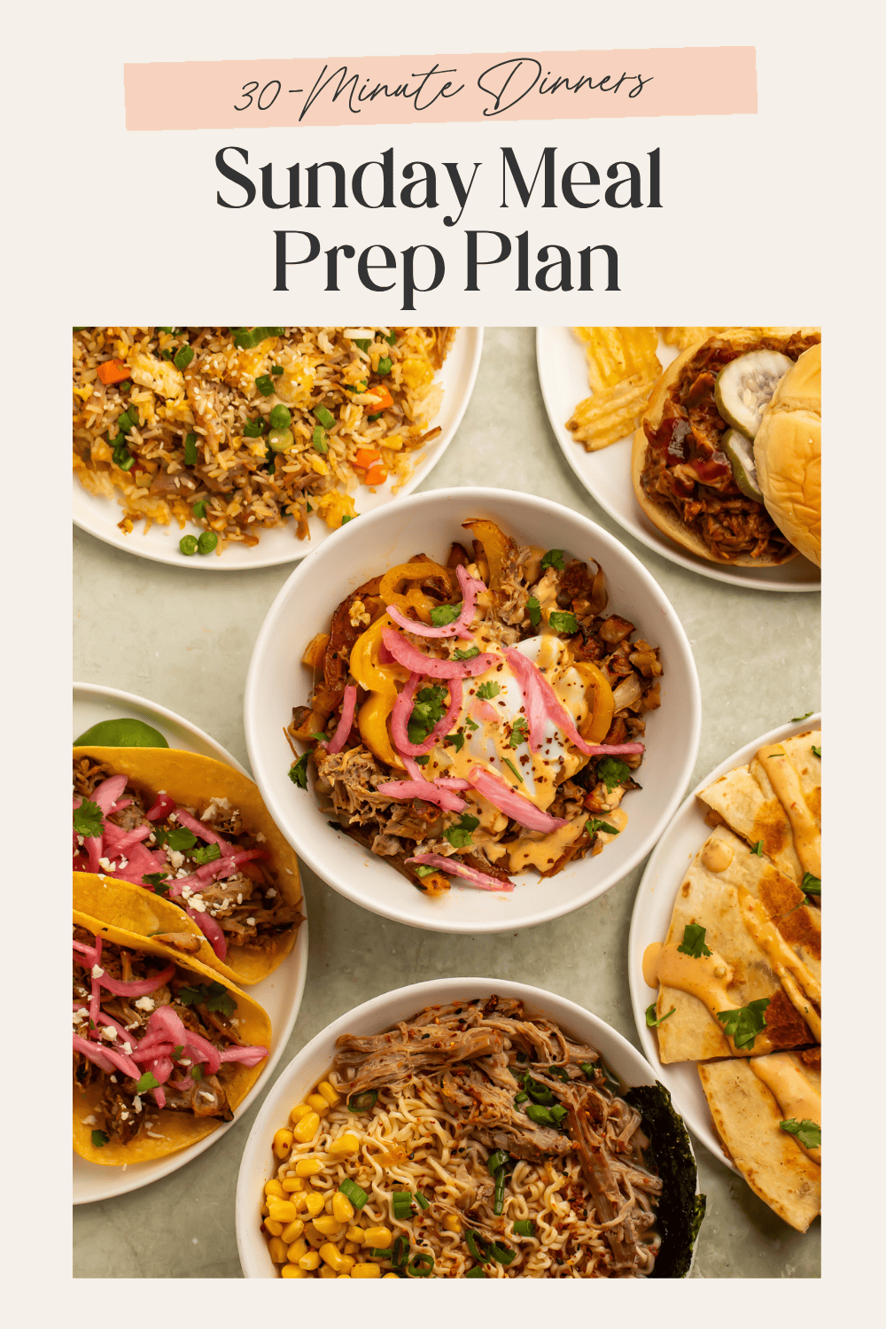Sunday meal prep plan featuring six easy family dinner recipes made from one braised pork shoulder, with every leftover meal ready in 30 minutes or less.