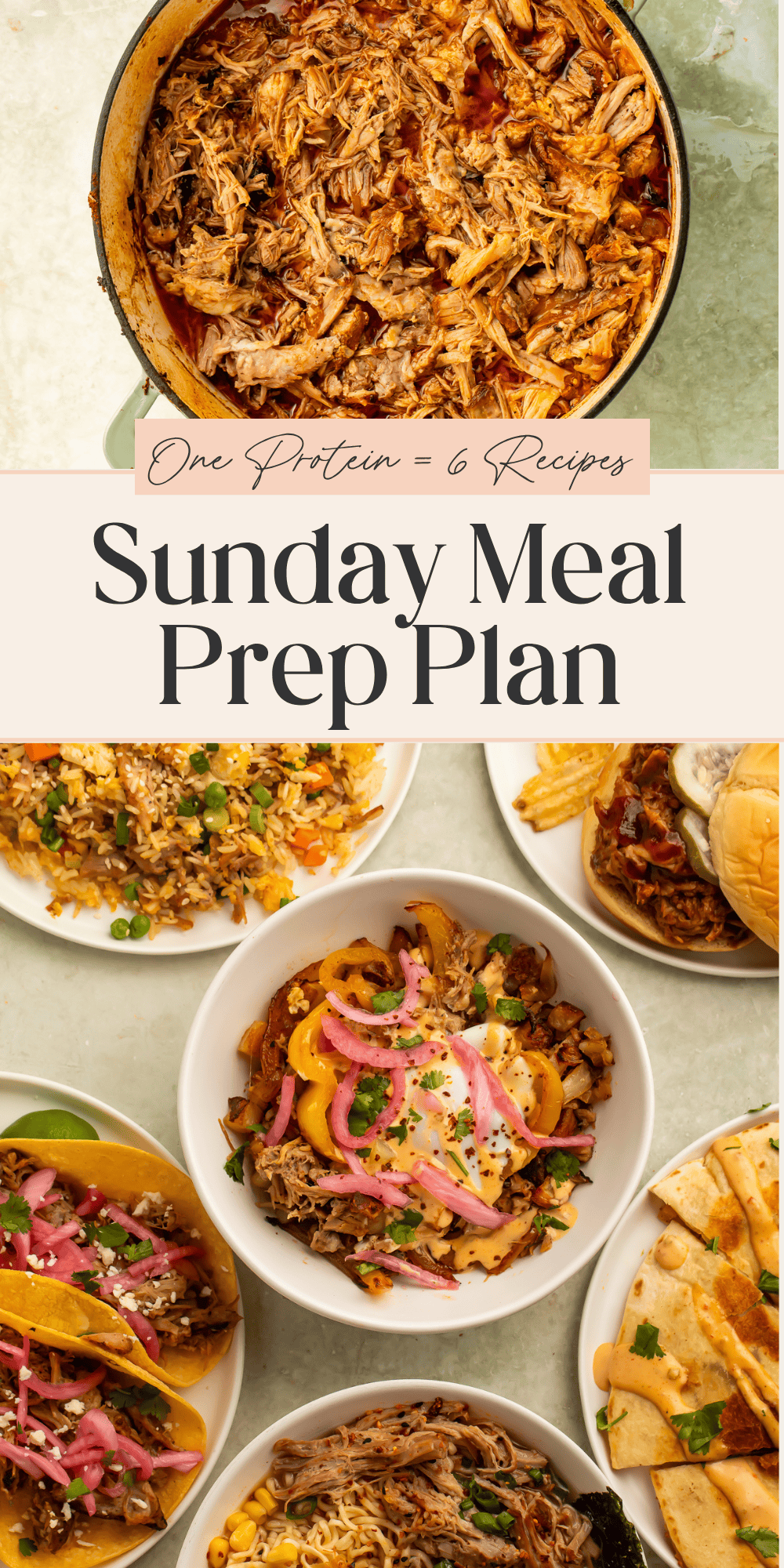 One protein equals six recipes Sunday meal prep featuring chipotle braised pork transformed into tacos, fried rice, ramen, quesadillas, breakfast hash, and BBQ sandwiches.
