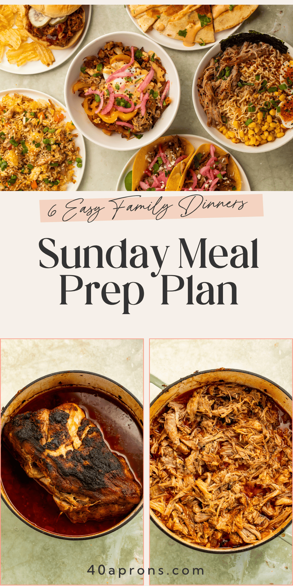 Six easy family dinners made from one chipotle braised pork shoulder for a simple Sunday meal prep plan.