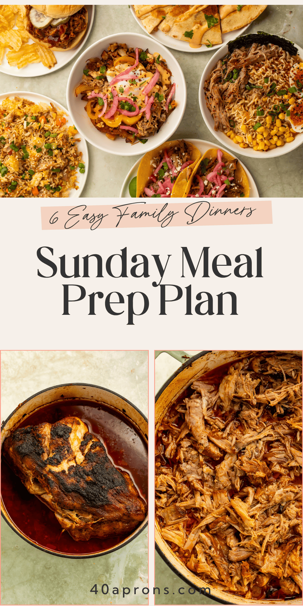 Sunday meal prep featuring chipotle braised pulled pork that transforms into six quick family dinner recipes throughout the week.