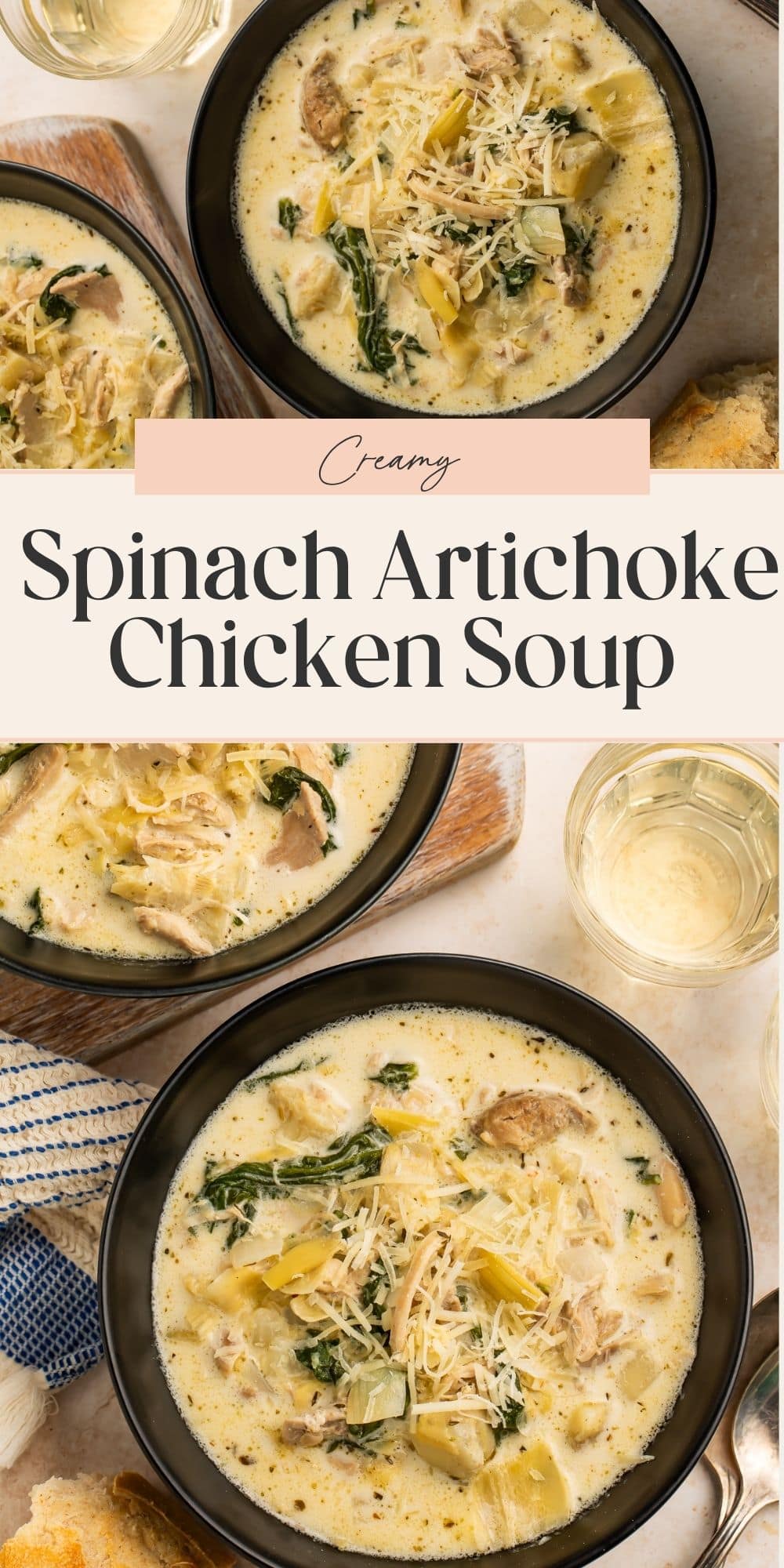 Close ups of black bowls of creamy chicken, spinach and artichoke soup with shredded parmesan on top. A banner divides the two images with Pinterest-optimised text.