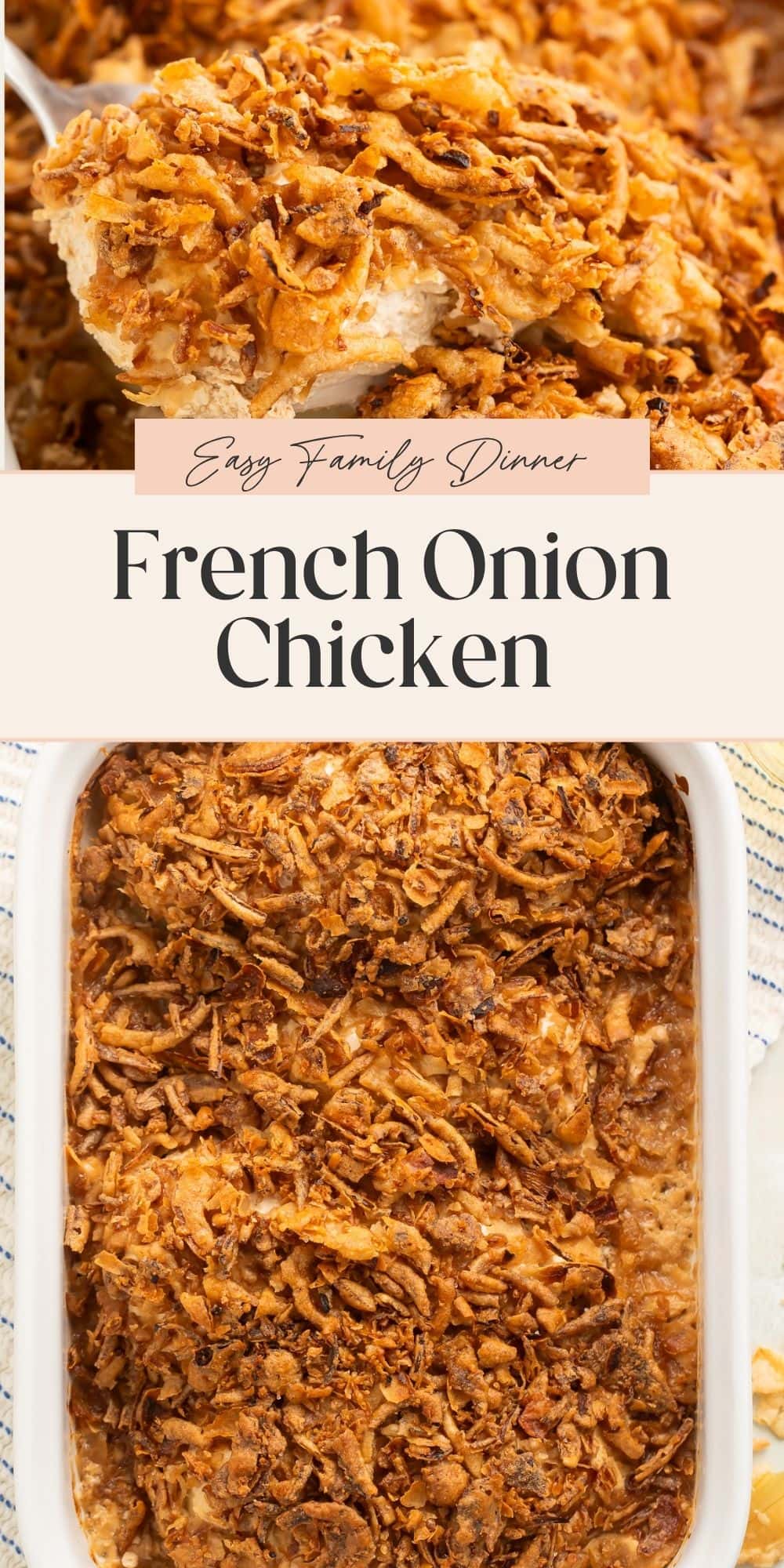 Close ups of a white baking dish of French onion chicken breasts. There is a banner dividing the two images with Pinterest-optimised text.