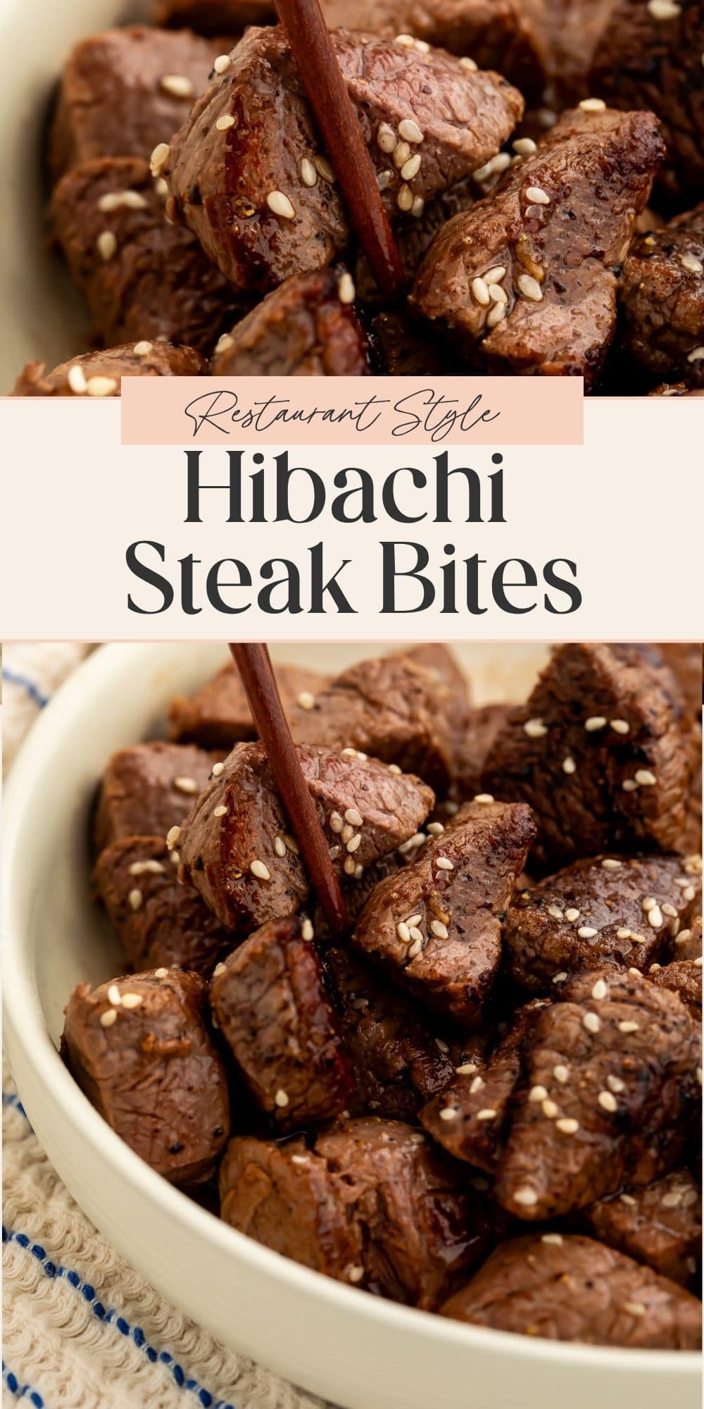 Close ups of a bowl of hibachi steak bites. There is a banner on the image with Pinterest-optimized text.