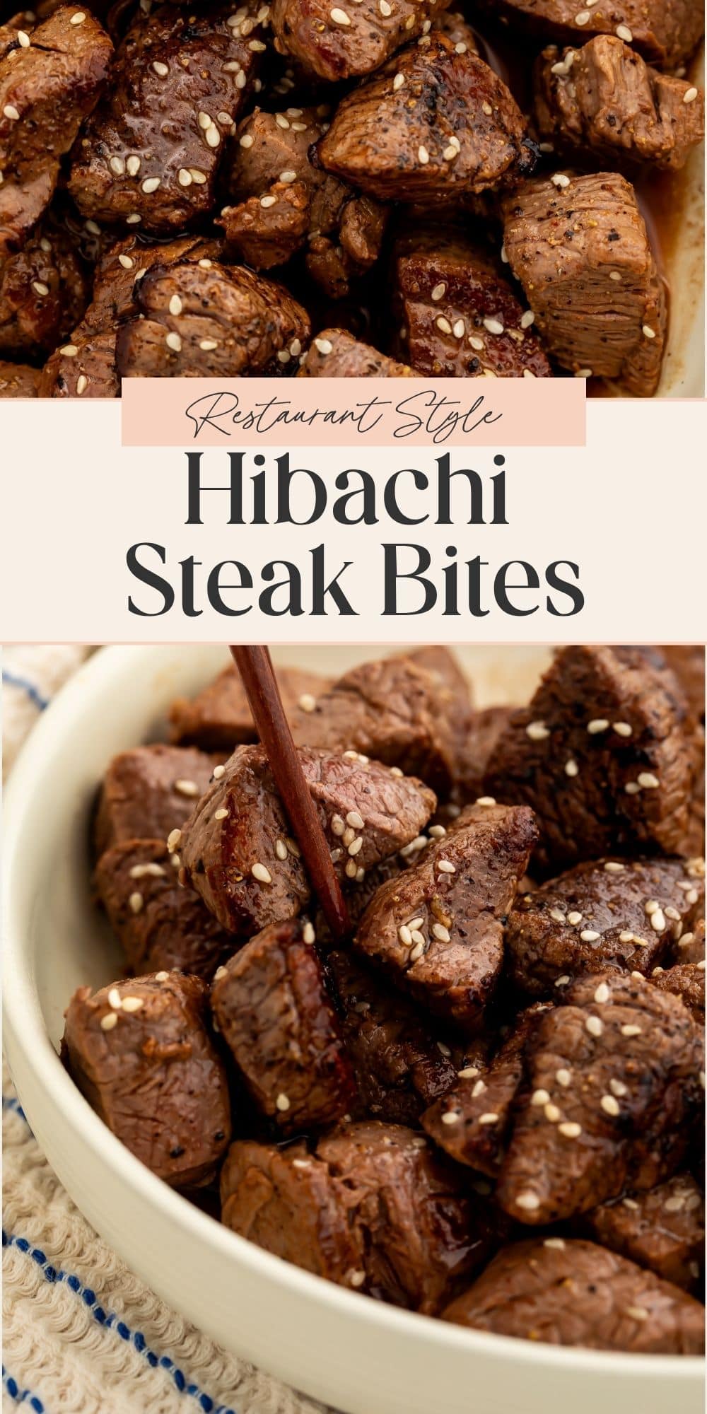 Close up images of steak bites with sesame seeds. There is a banner on the image with Pinterest-optimised text.