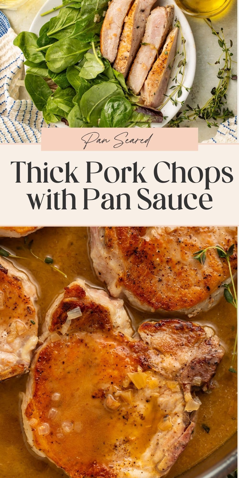 Close up pork chops in a pan of sauce and sliced on a plate with lettuce. The two images are divided by a banner with Pinterest-optimised text.