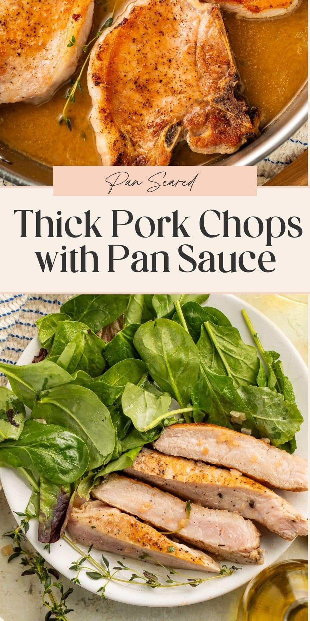 Close up images of thick pork chops both sliced on a plate with lettuce and in a pan of sauce. A banner divides the two images with Pinterest-optimized text.