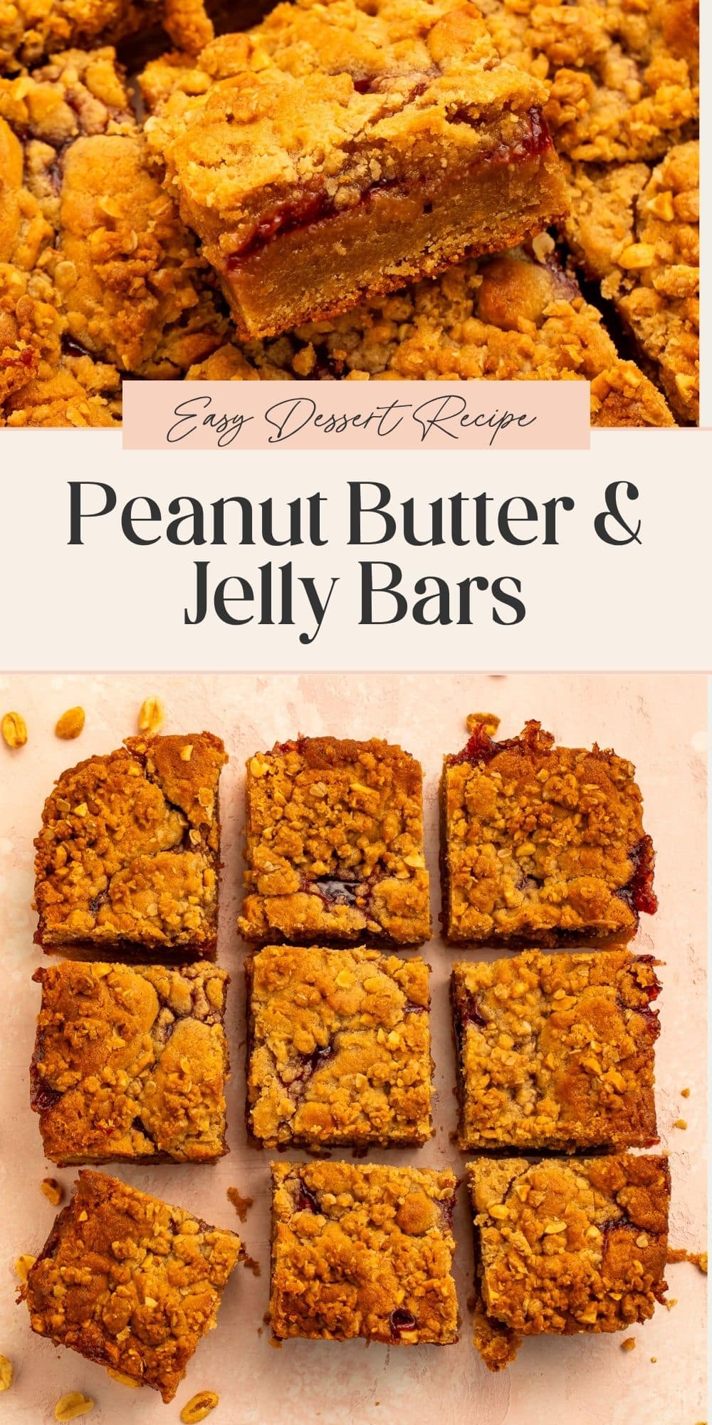 Close ups of sliced peanut butter and jelly bars. There is a banner dividing the two images with Pinterest-optimised text.