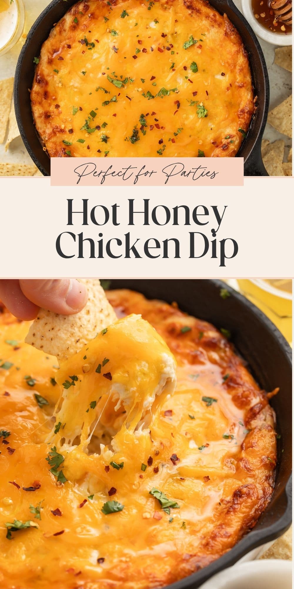 Close ups of a cheesy hot honey chicken dip in a cast iron skillet. There is a banner dividing the two images with Pinterest-optimised text.