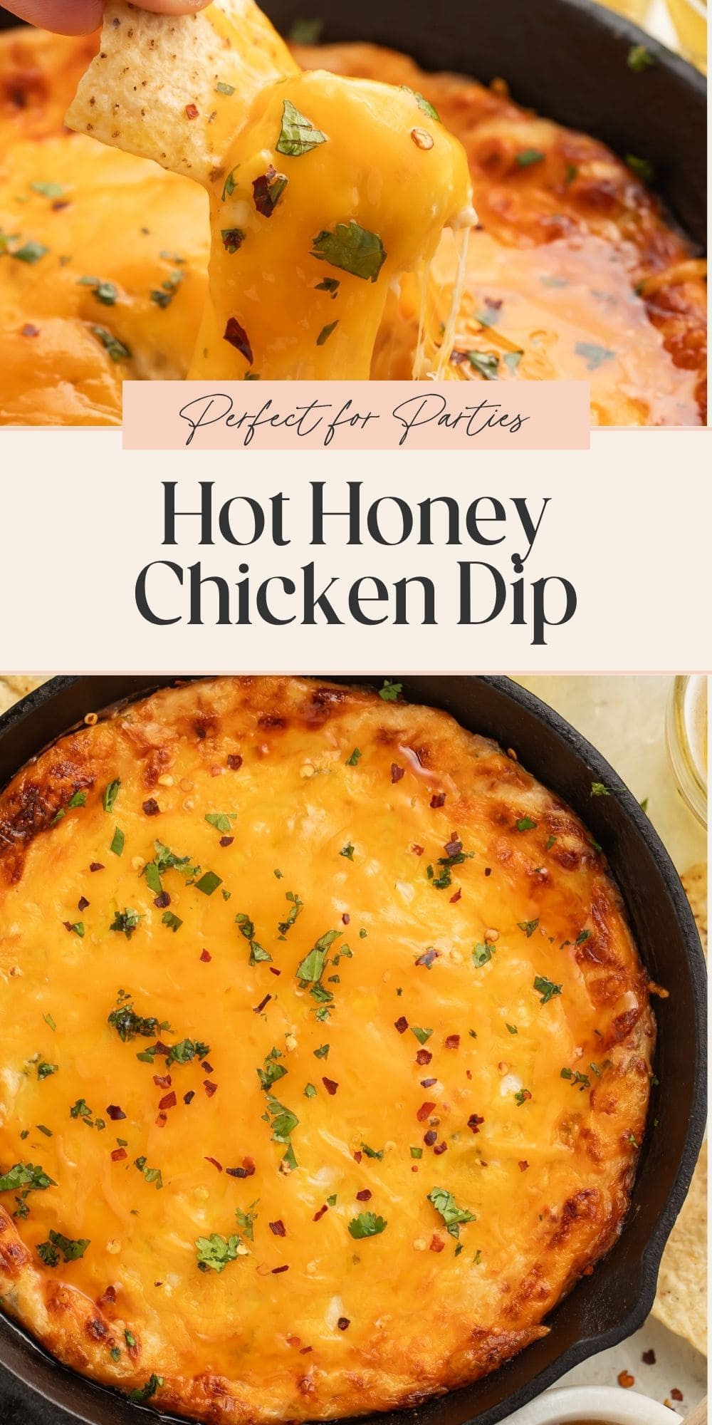 Close ups of a skillet-baked chicken and hot honey dip with cheese. A banner divides the two images with Pinterest-friendly text.