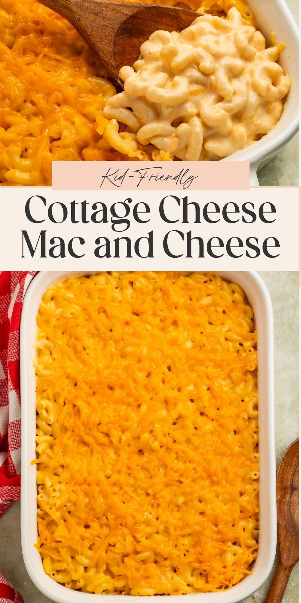 Close up images of a baked dish of mac and cheese, and another of it being served with a wooden spoon. There is a banner dividing the two images with Pinterest-friendly text.