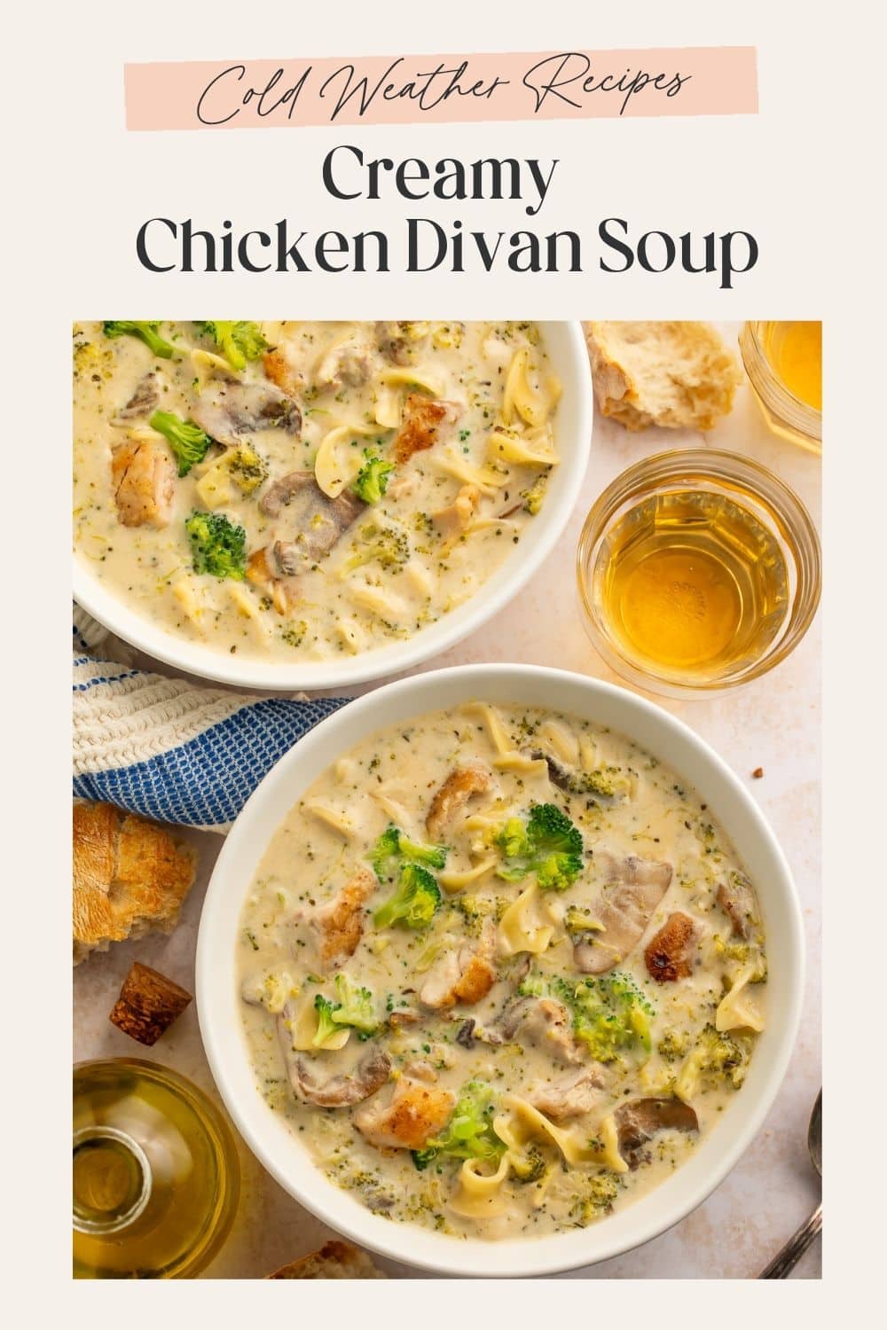 An overhead image of two bowls of chicken divan soup with egg noodles. There is a frame on the image with Pinterest-optimized text.