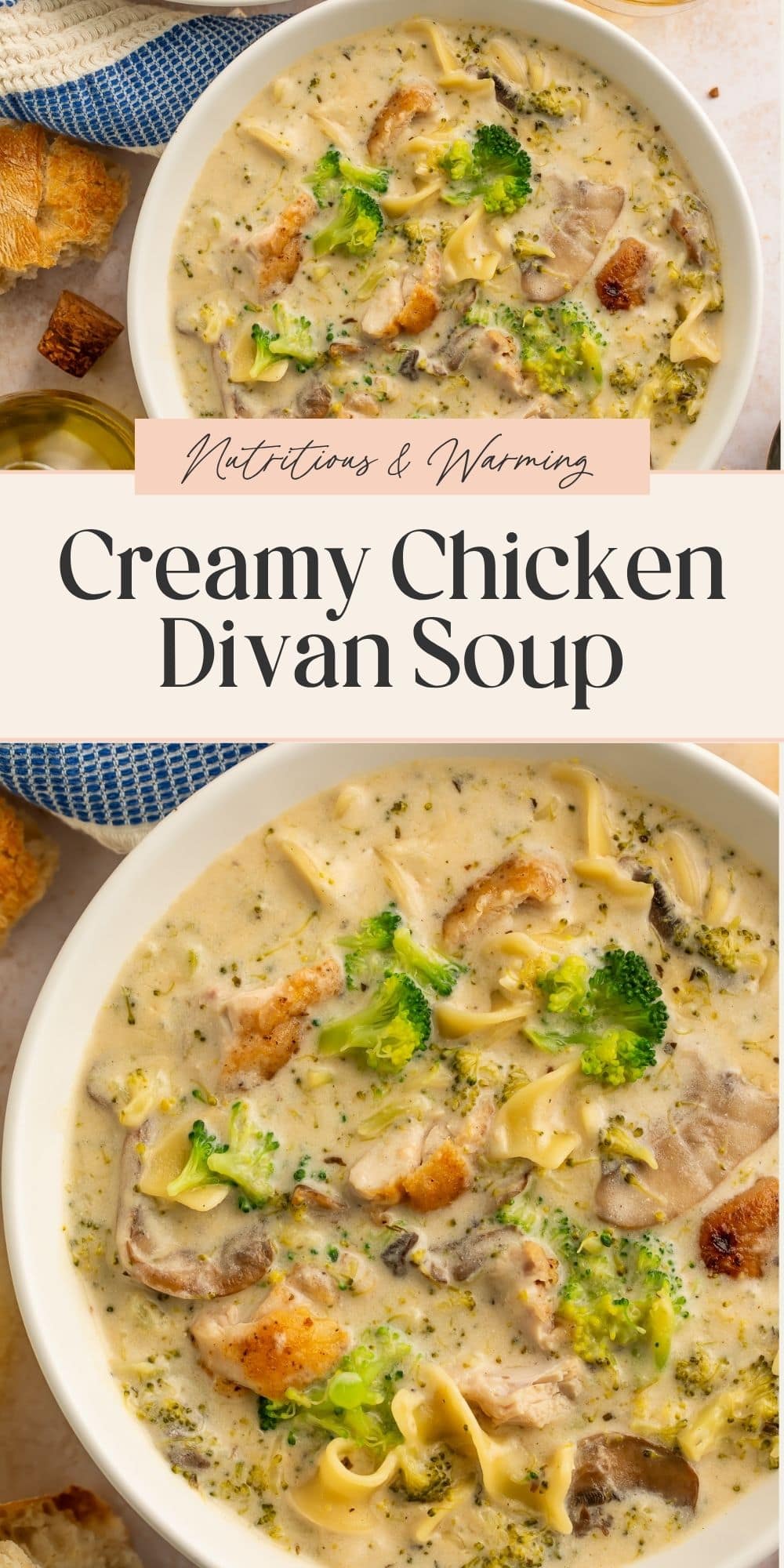 Overhead close ups of chicken divan soup. A banner divides the two images with Pinterest-optimized text.