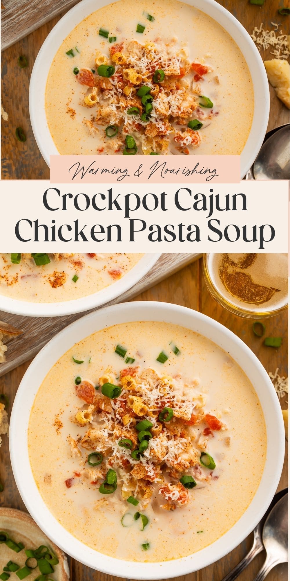 Close ups of bowls of Creamy Cajun Chicken Soup topped with shredded cheese and green onions. There is a frame on the image with Pinterest-friendly text.