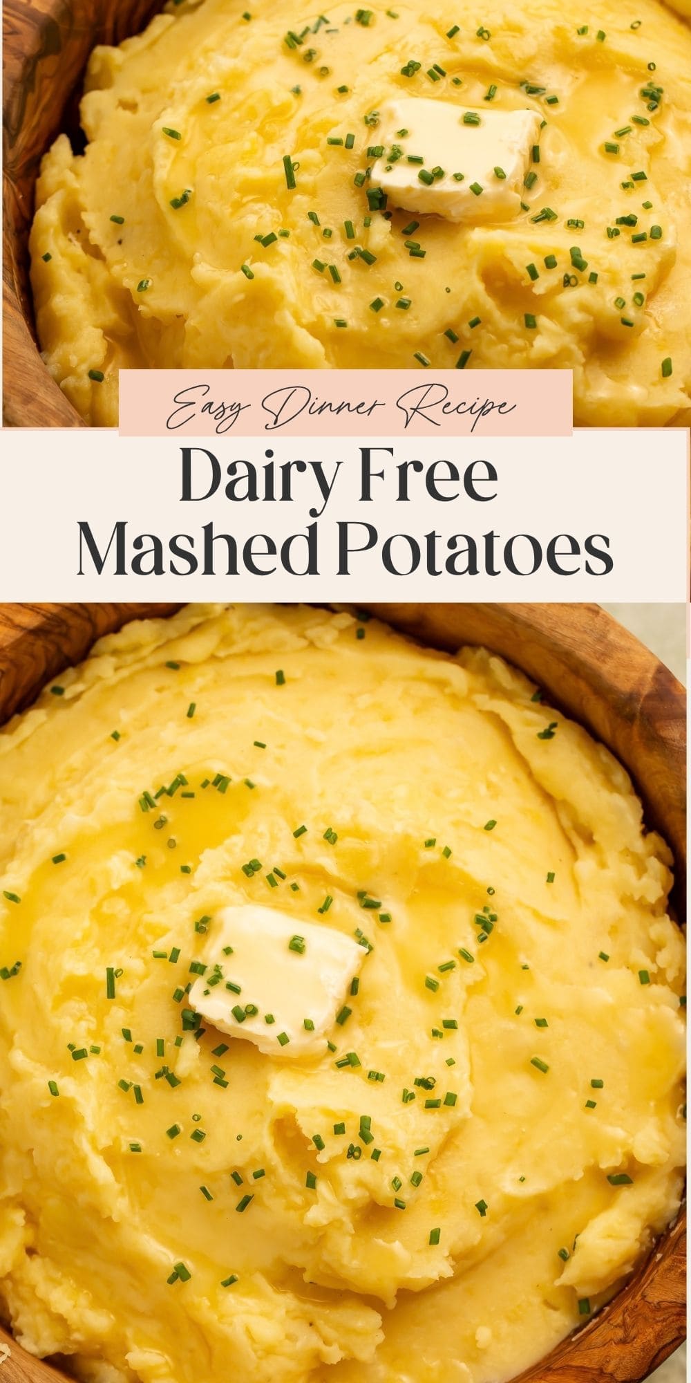 Close up images of dairy free mashed potatoes. There is a banner dividing the two images with Pinterest-optimized text.
