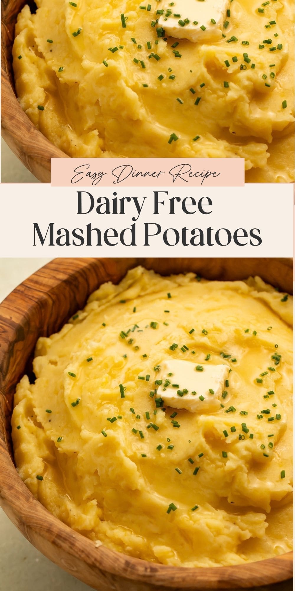 Close ups of a bowl of dairy free mashed potatoes. There is a banner dividing the two images with Pinterest-friendly text.