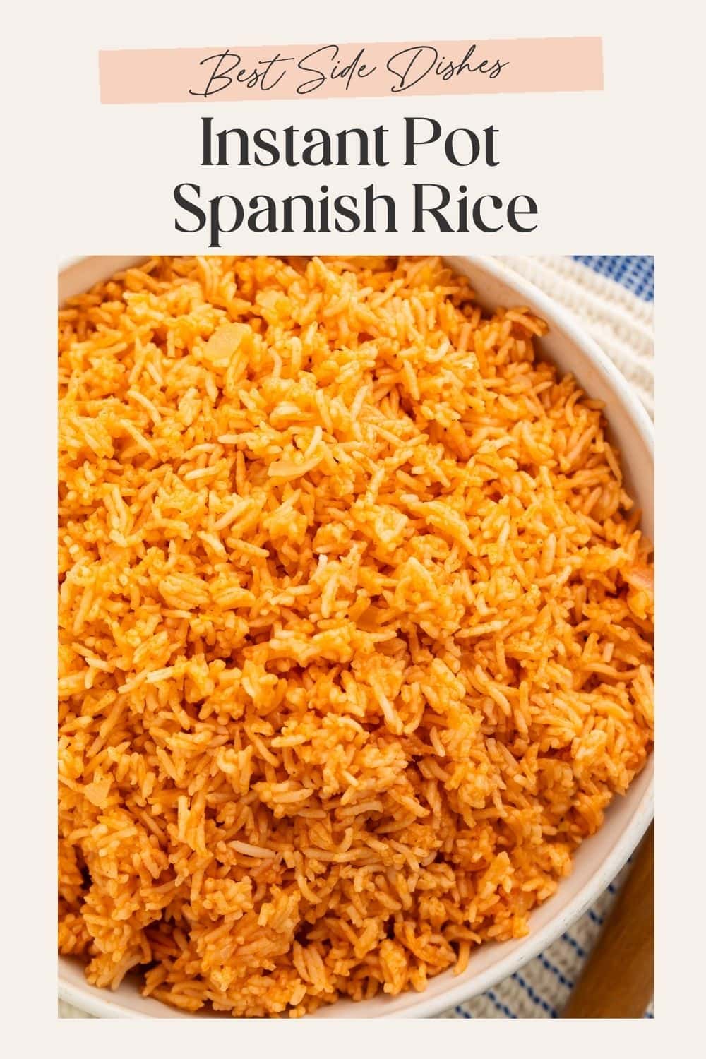 White bowl of Spanish rice with a frame on the image holding Pinterest-optimised text.