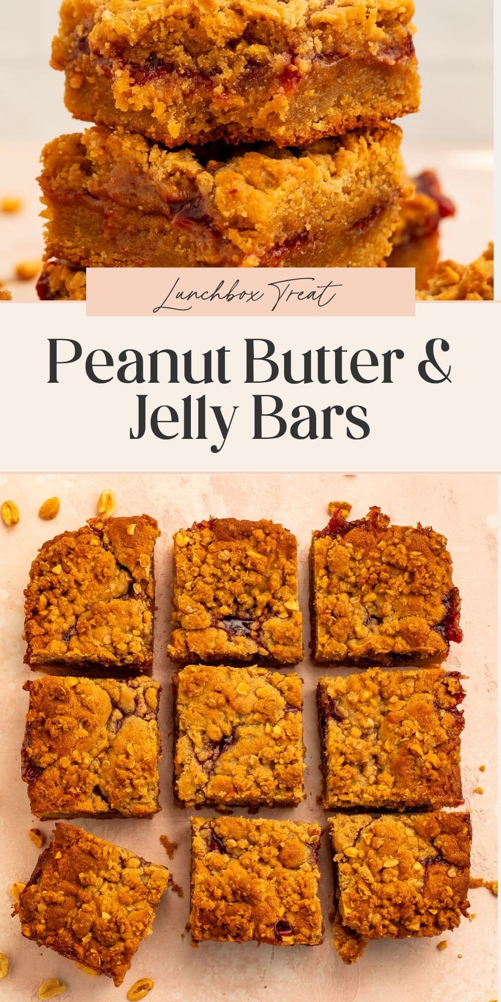 Close ups of sliced peanut butter and jelly bars. A banner divides the two images with Pinterest-optimized text.