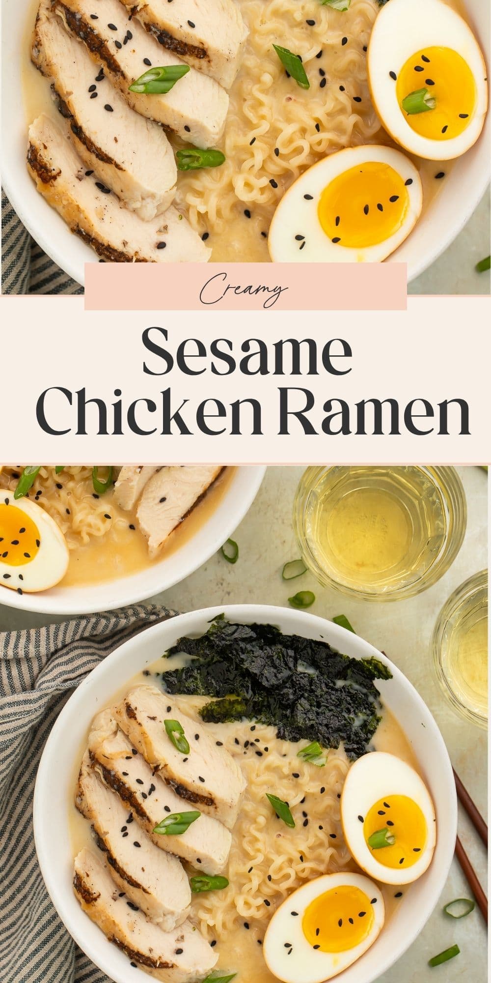Close ups of ramen with egg, chicken and nori. A banner divides the two images with Pinterest-optimised text.