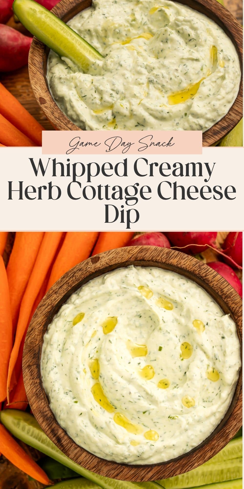 Two close up images of whipped cottage cheese dip surrounded by cut vegetables. There is a banner dividing the two images with Pinterest optimised text.