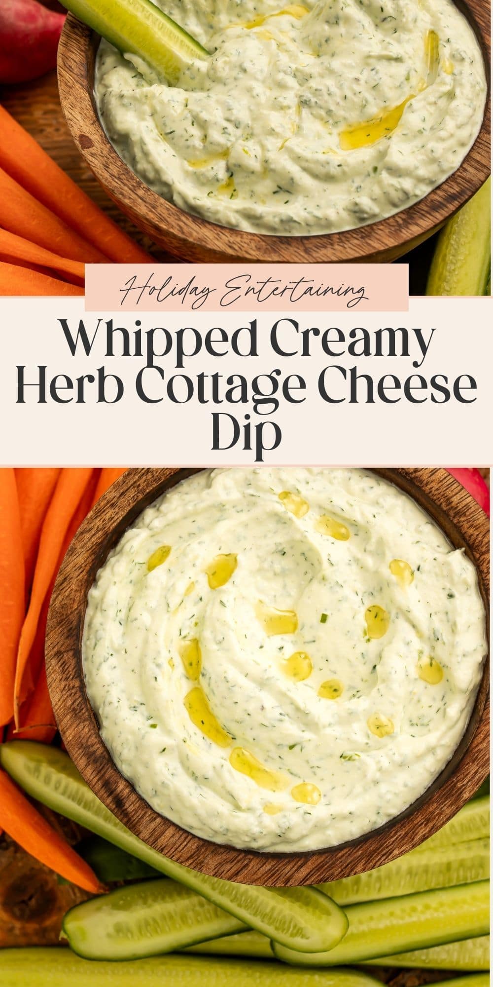 Close ups of cottage cheese and herb dip. There is a banner dividing the two images with Pinterest-optimized text.
