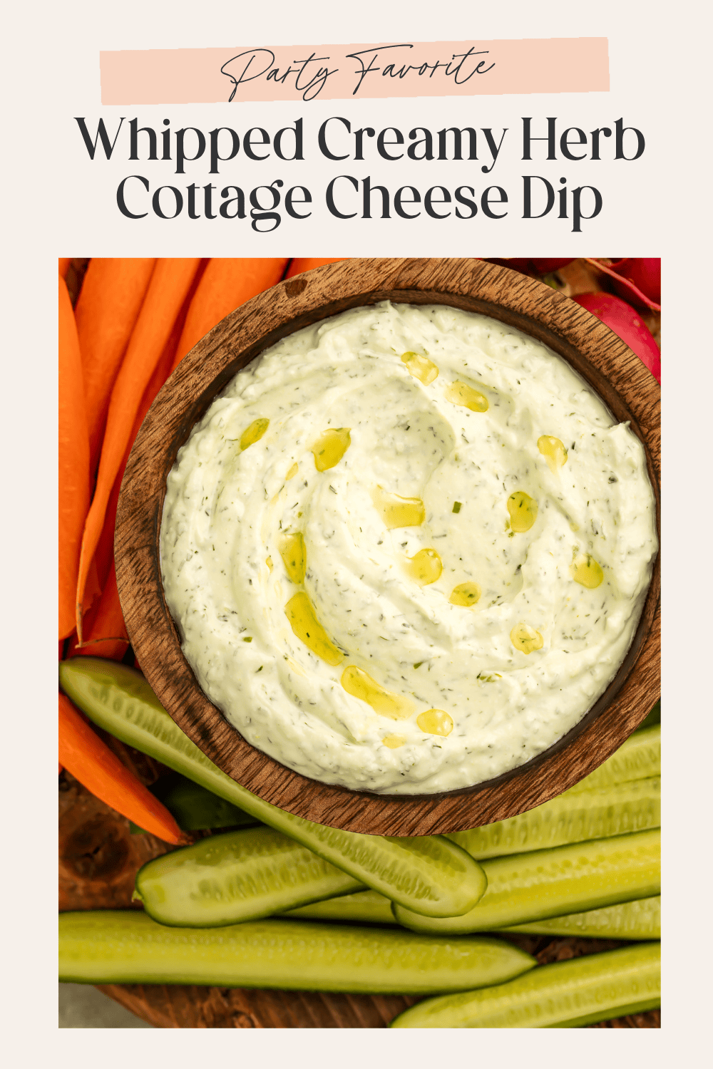 Close up of herby creamy dip surrounded by cut veg for dipping. There is a frame on the image with Pinterest-optimized text.