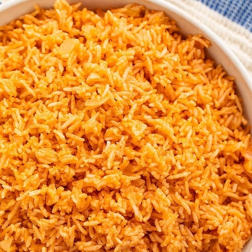 Spanish rice in a white bowl.