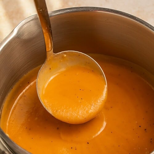 Ladle lifting gravy out of a cooking pot.
