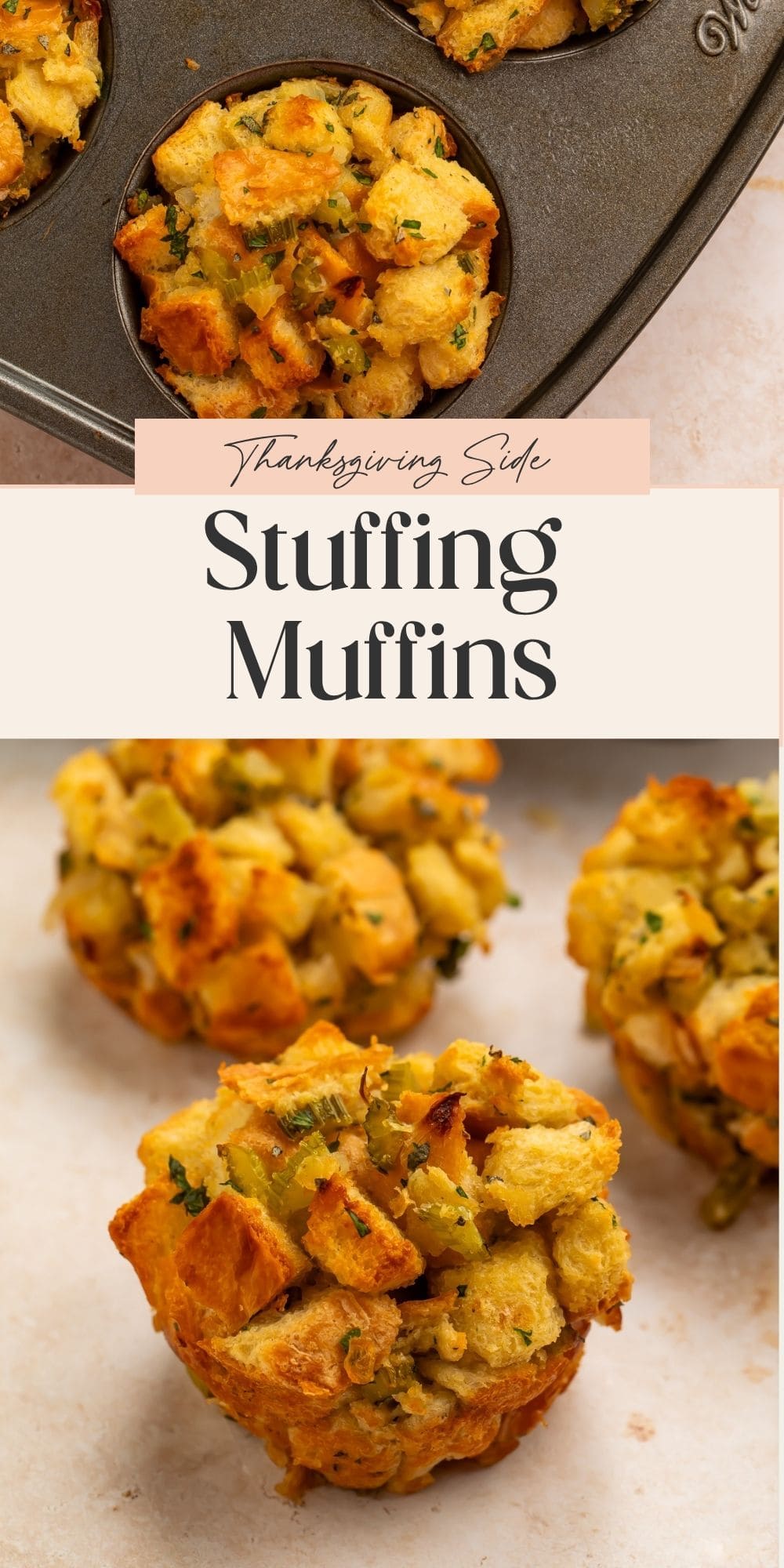 Close ups of stuffing muffins in a muffin tin and on the countertop. There is a banner dividing the two images with Pinterest-friendly text.