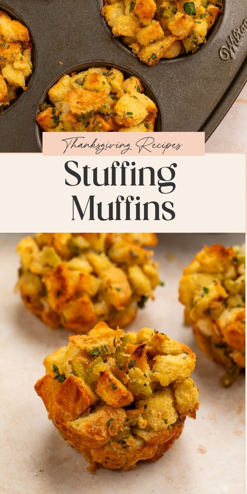 Close ups of stuffing muffins on the countertop and in a muffin pan. There is a banner dividing the two images with Pinterest-friendly text.